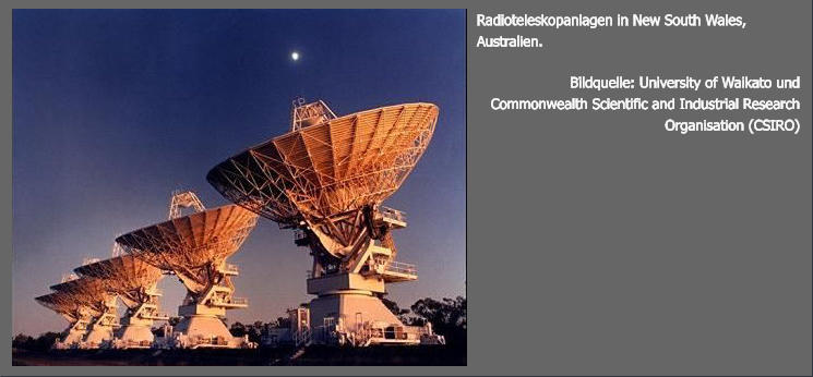 Radioteleskopanlagen in New South Wales, Australien.  Bildquelle: University of Waikato und Commonwealth Scientific and Industrial Research Organisation (CSIRO)