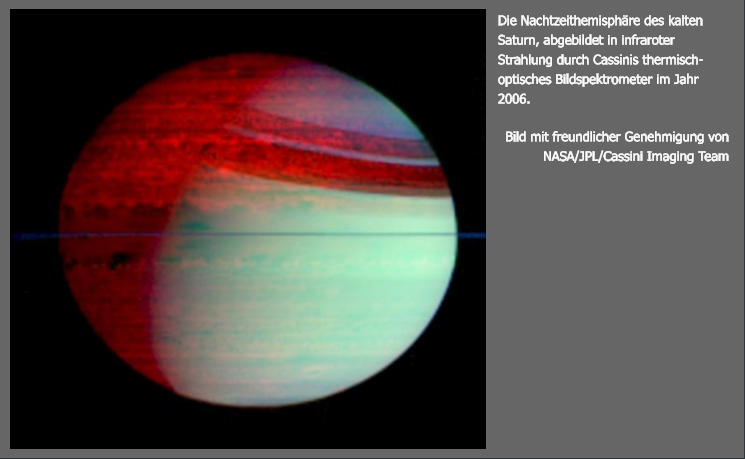 Die Nachtzeithemisphäre des kalten Saturn, abgebildet in infraroter Strahlung durch Cassinis thermisch-optisches Bildspektrometer im Jahr 2006.  Bild mit freundlicher Genehmigung von NASA/JPL/Cassini Imaging Team