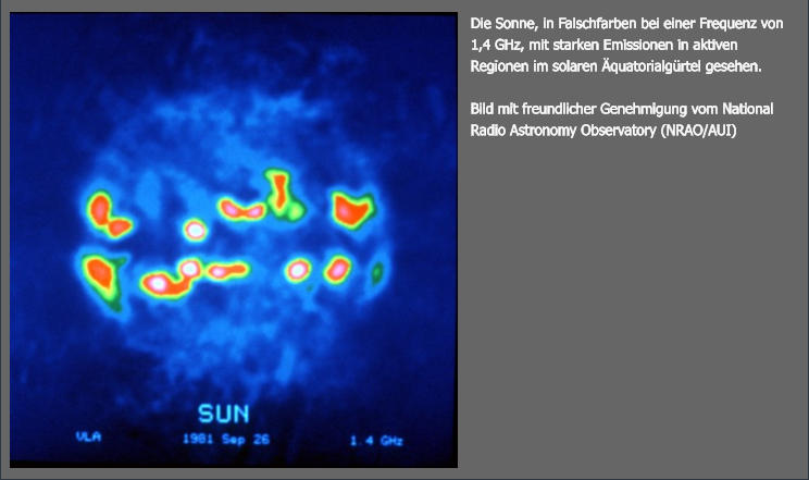 Die Sonne, in Falschfarben bei einer Frequenz von 1,4 GHz, mit starken Emissionen in aktiven Regionen im solaren Äquatorialgürtel gesehen.  Bild mit freundlicher Genehmigung vom National Radio Astronomy Observatory (NRAO/AUI)